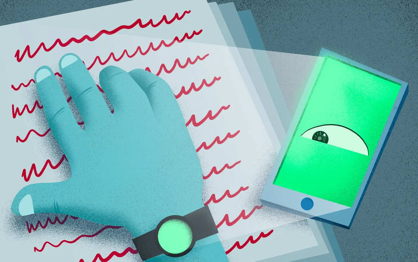 Ilustração de uma mão sobre documentos e um celular com um olho na tela, simbolizando o risco de bloqueio no WhatsApp Business