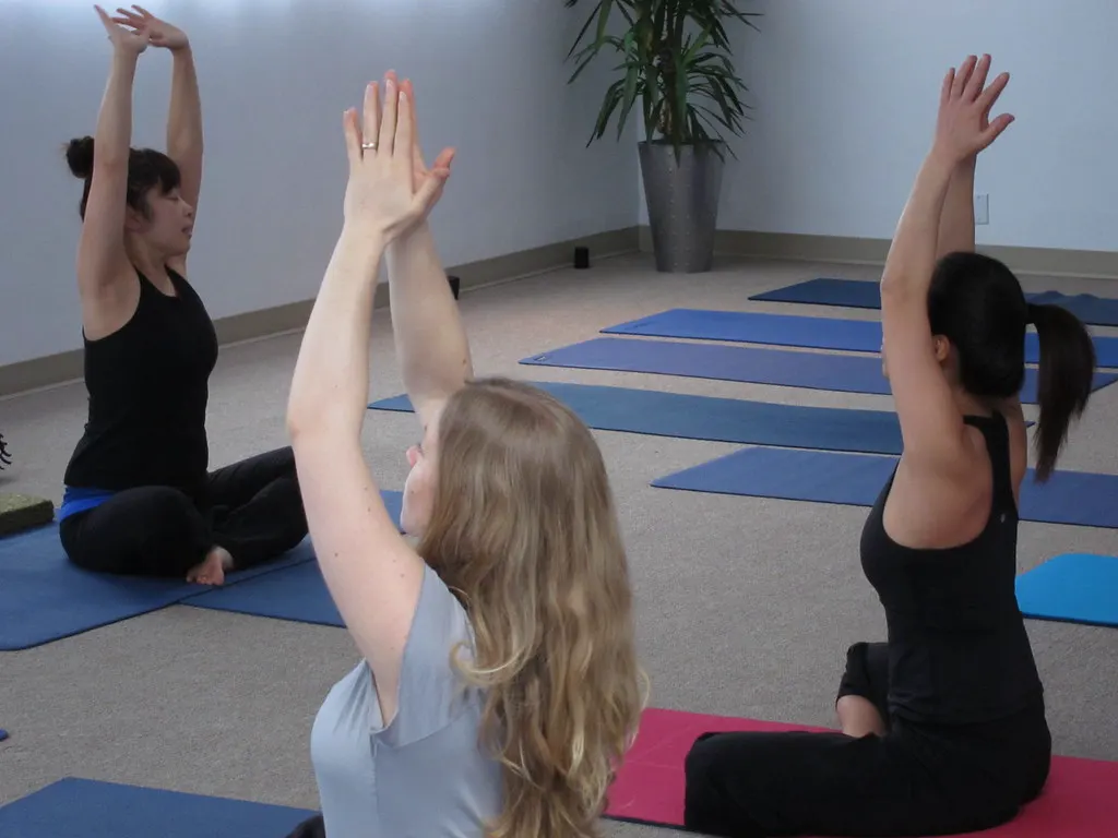 Alunas fazendo alongamento sobre tapetes num estúdio de yoga, exemplo de negócio que cobra mensalidade com o Pix Automático para empresas