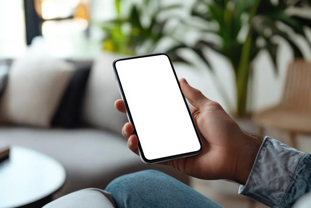 Mão segurando um celular com a tela em branco em uma sala, representando quanto custa anunciar no Instagram